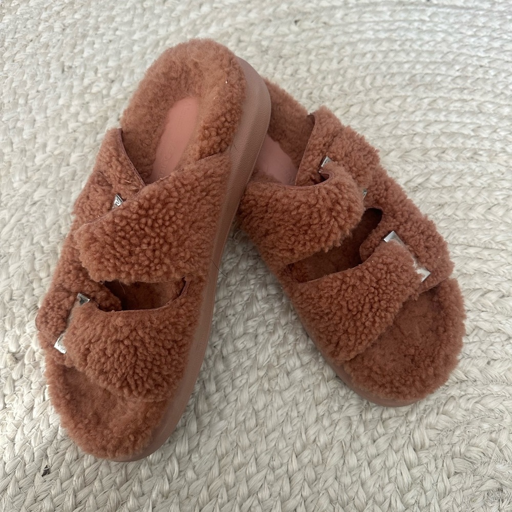 Authentic Alexander McQueen Brown Fuzzy Slippers with Silver Detail